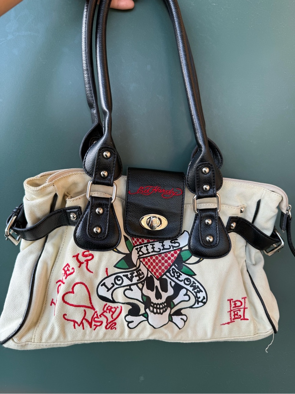 Vintage Ed Hardy White Canvas Skull & Heart Shoulder Bag with Black Trim